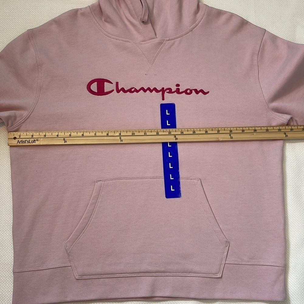 NWT Champion Powerblend Sweatshirt Hoodie Embroidered Script Logo SZ L Hush Pink - Picture 10 of 13